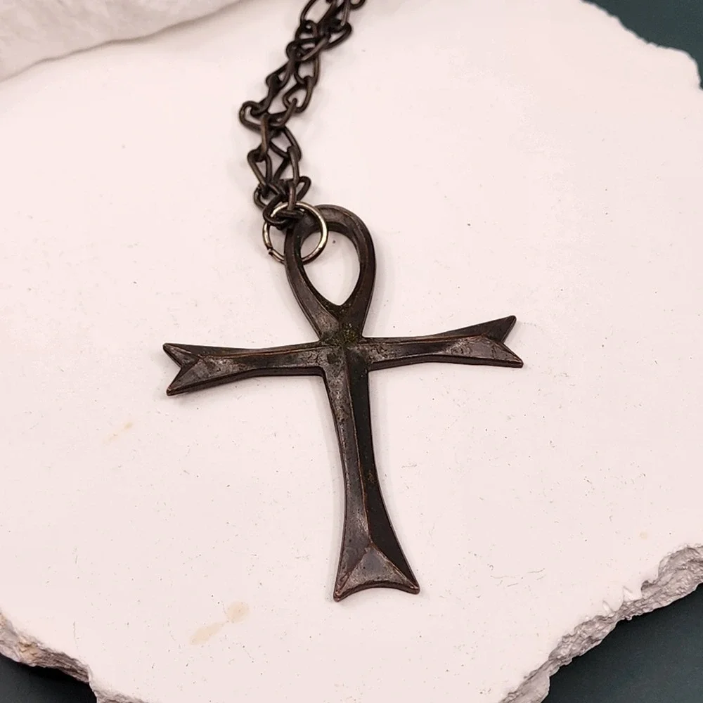 Large Egyptian Ankh Cross Pendant Necklace Antiqued Bronze Tone Statement